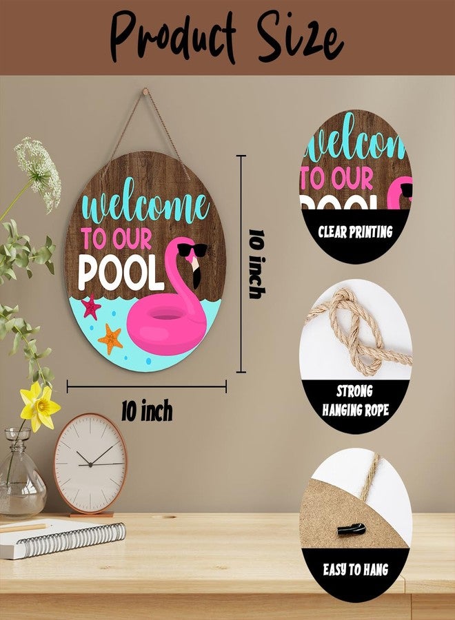 Zmyollo Summer Flamingo Round Welcome Decorative Sign, Welcome To Our Pool Wooden Sign With Rope, Wall Art Decorations for Farmhouse Home Garden Patio Porch, Summer Gifts for Friends And Colleagues, A28 - Image 2