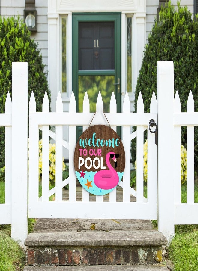 Zmyollo Summer Flamingo Round Welcome Decorative Sign, Welcome To Our Pool Wooden Sign With Rope, Wall Art Decorations for Farmhouse Home Garden Patio Porch, Summer Gifts for Friends And Colleagues, A28 - Image 4
