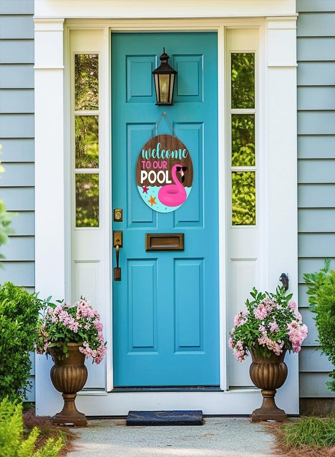 Zmyollo Summer Flamingo Round Welcome Decorative Sign, Welcome To Our Pool Wooden Sign With Rope, Wall Art Decorations for Farmhouse Home Garden Patio Porch, Summer Gifts for Friends And Colleagues, A28 - Image 3