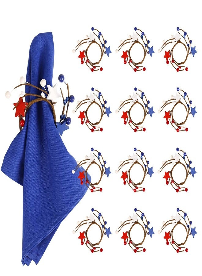 LogHog 12-Pack Patriotic Napkin Rings - Red White Blue Wooden Stars with Berry Accents, Independence Day 4th of July Table Decor, USA Flag Theme Party Supplies for Memorial Day Veterans Day BBQ Wedding - Image 1
