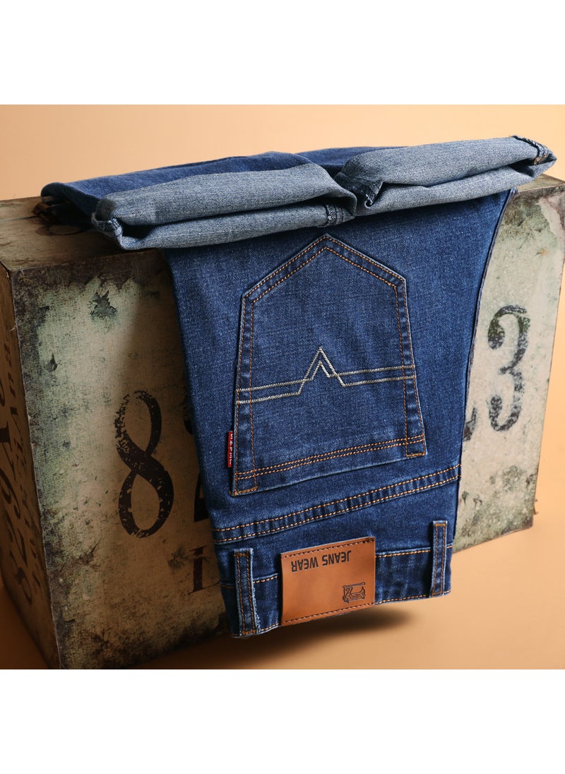 Generic Classic Men Jeans Elastic Small Straight Cylinder Slim Fit Simple Matching Cool Jeans Cotton Material Casual Scene T009 Blue 