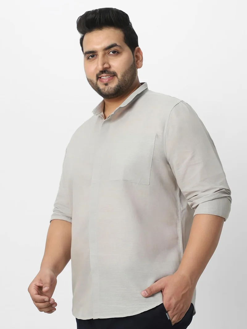 Urbano Fashion  Urbano Plus Men's Grey Cotton Full Sleeve Regular Fit Casual Solid Shirt with Band Collar  | Best Price UAE