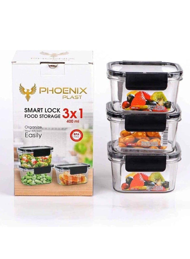 فينيكس طقم علبة حفظ طعام للثلاجة من الاكريليك 3 قطع مع قفل محكم الغلق وجوانب سيليكون شفافة - × 400 مل متعدد الألوان - Image 1
