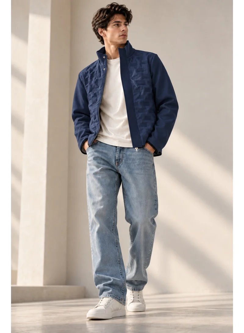 تي جي تي Men's Textured Zip-Up Jacket – Quilted Lining Stand Collar Coat