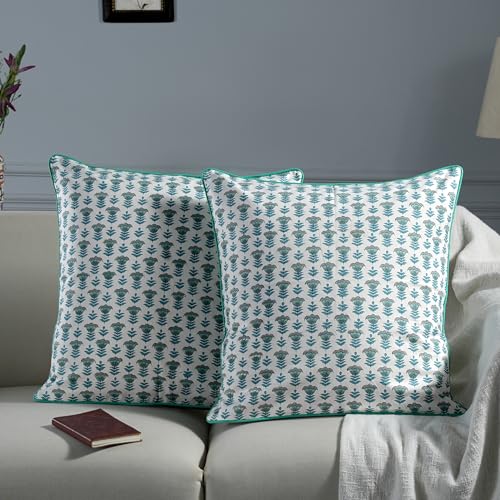 Ridhi Block Print Aquamarine Blue Pillow Cover 20 x 20 Pack of 2 Decorative Couch Pillows for Living Room Farmhouse Chic Boho Cute Outdoor Pillows Covers Gifts for Spring Mothers Day - Image 3