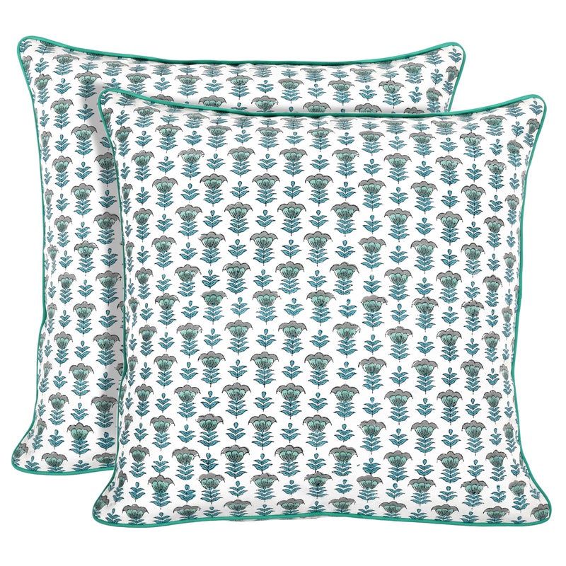 Ridhi Block Print Aquamarine Blue Pillow Cover 20 x 20 Pack of 2 Decorative Couch Pillows for Living Room Farmhouse Chic Boho Cute Outdoor Pillows Covers Gifts for Spring Mothers Day - Image 2