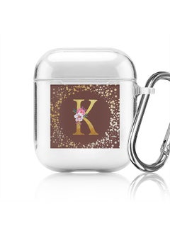 Classic Clear printed Case for Apple Airpods 2 / 1 Soft TPU Gel Thin Transparent Flexible Cover - Custom Monogram Initial Letter Floral Pattern Alphabet - K (Brown )