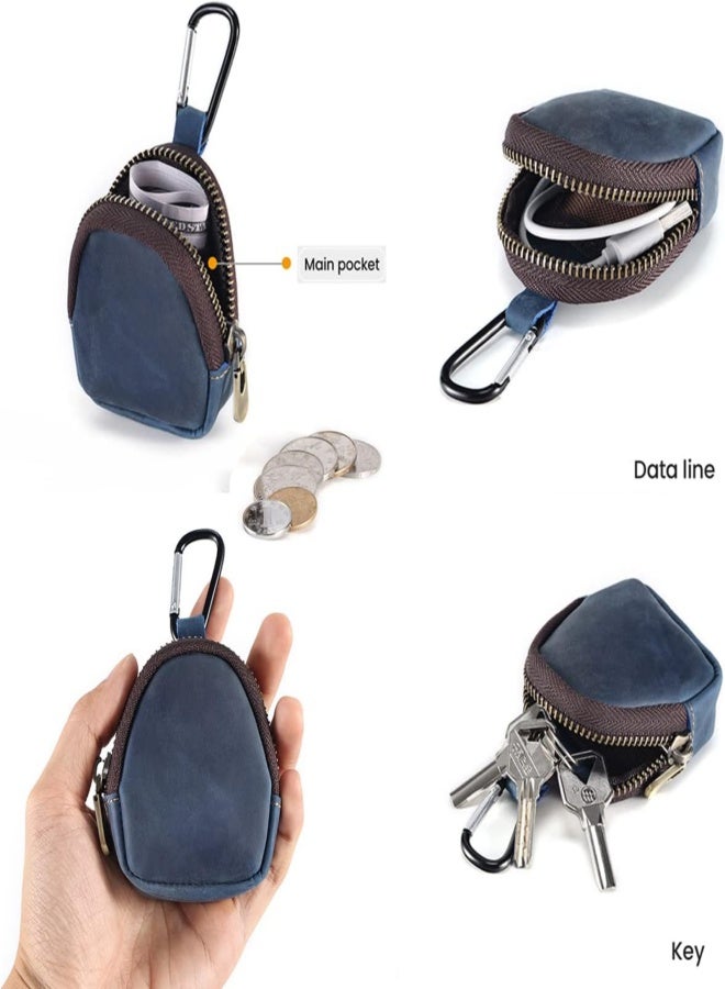 Genuine Leather Keychain Wallet for Men, Small Round Coin Pouch, EDC Accessory, Blue, Vintage - Image 3
