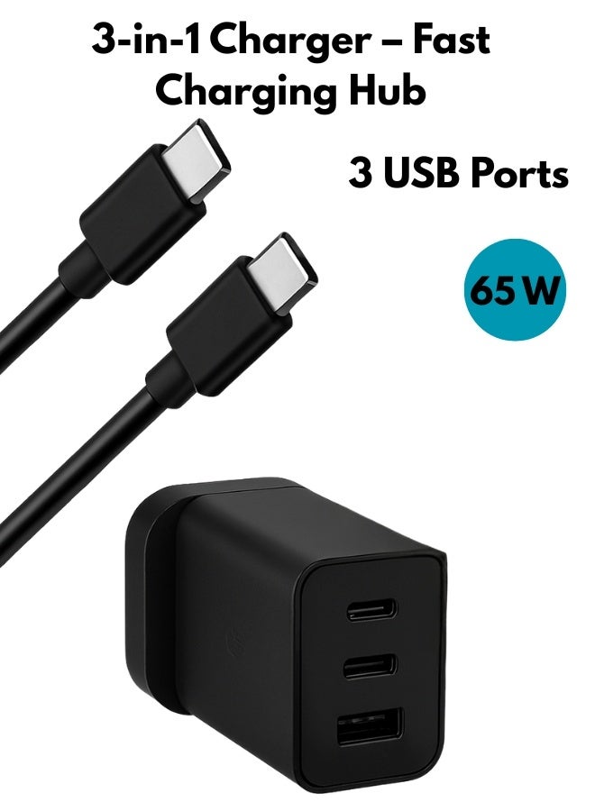 شاحن 3 في 1 بمنفذي USB-C PD وUSB-A لشحن سريع. صغير الحجم، جاهز للسفر، ومثالي لجميع أجهزتك. - Image 1