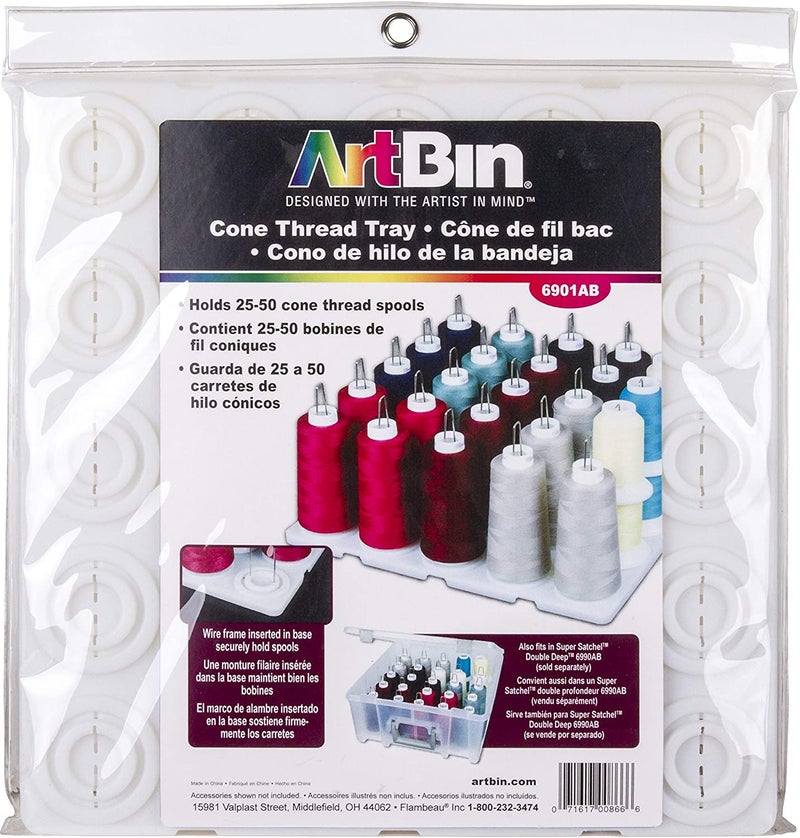ArtBin 6901AB Cone Thread Tray, Sewing & Embroidery Serger Cone Thread Spool Assortment Organizer, Super Satchel System Accessory, Up To 25 Traditional Spools or Up To 50 Mini Spools, White - Image 1