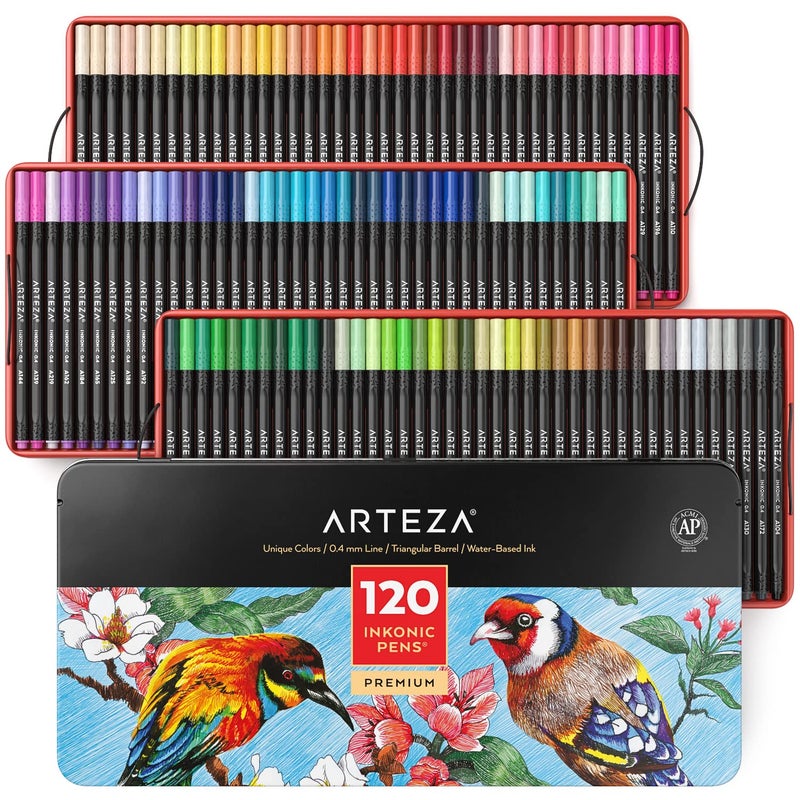 ARTEZA Inkonic Fineliners Pens Set of 120 04 mm Fine Tip Markers WaterBased Art Pens for Drawing Sketching Journaling Calligraphy