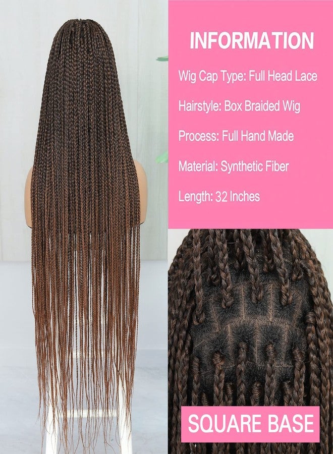 SOKU Ombre Brown Box Braid Wig 32 Inch Double Full Transparent Lace Pre Plucked with Baby Hair Knotless Square Braided Lace Wigs for Women - Image 2