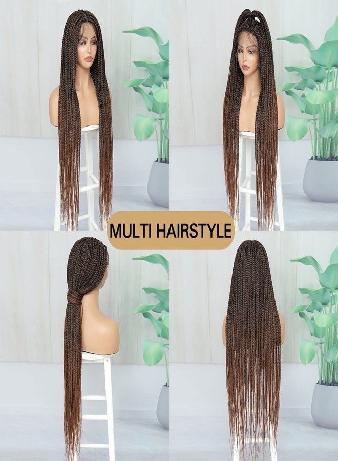 SOKU Ombre Brown Box Braid Wig 32 Inch Double Full Transparent Lace Pre Plucked with Baby Hair Knotless Square Braided Lace Wigs for Women - Image 4