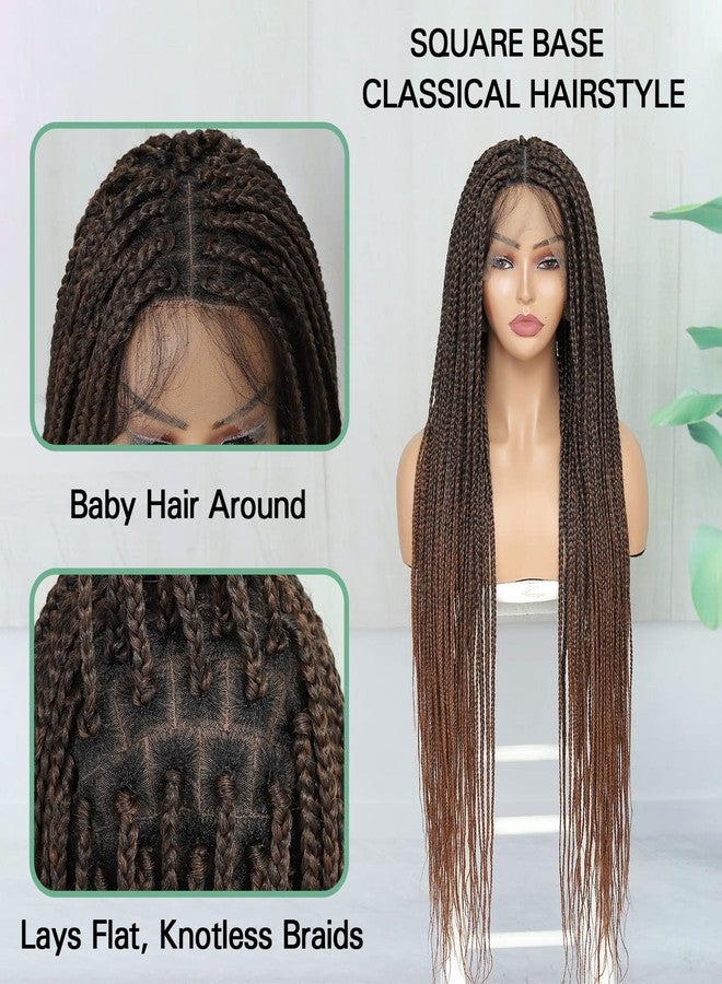 SOKU Ombre Brown Box Braid Wig 32 Inch Double Full Transparent Lace Pre Plucked with Baby Hair Knotless Square Braided Lace Wigs for Women - Image 3