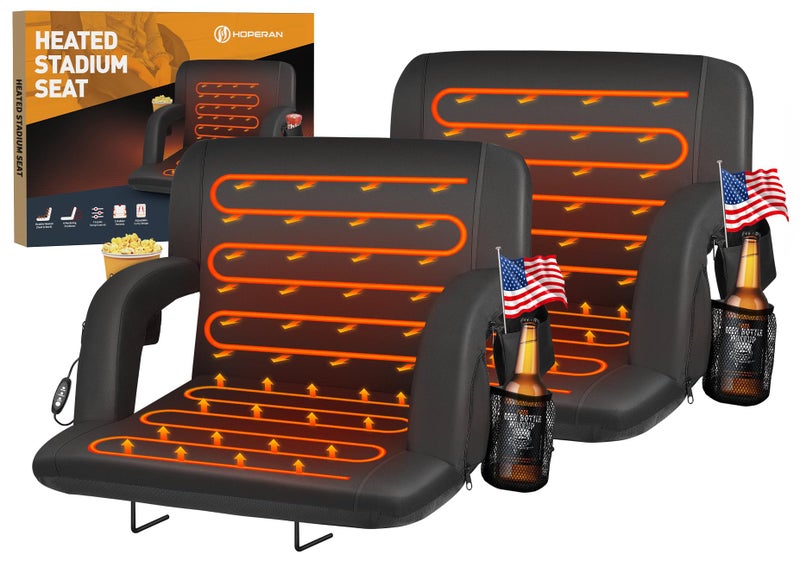 HOPERAN Heated Stadium Seats for Bleachers with Back Support Wide Cushion, Extra Portable Bleacher Seat Foldable Stadium Chair, USB 3 Levels of Heat, Pockets for Outdoor Indoor Sports 25" Black 2pcs - Image 1