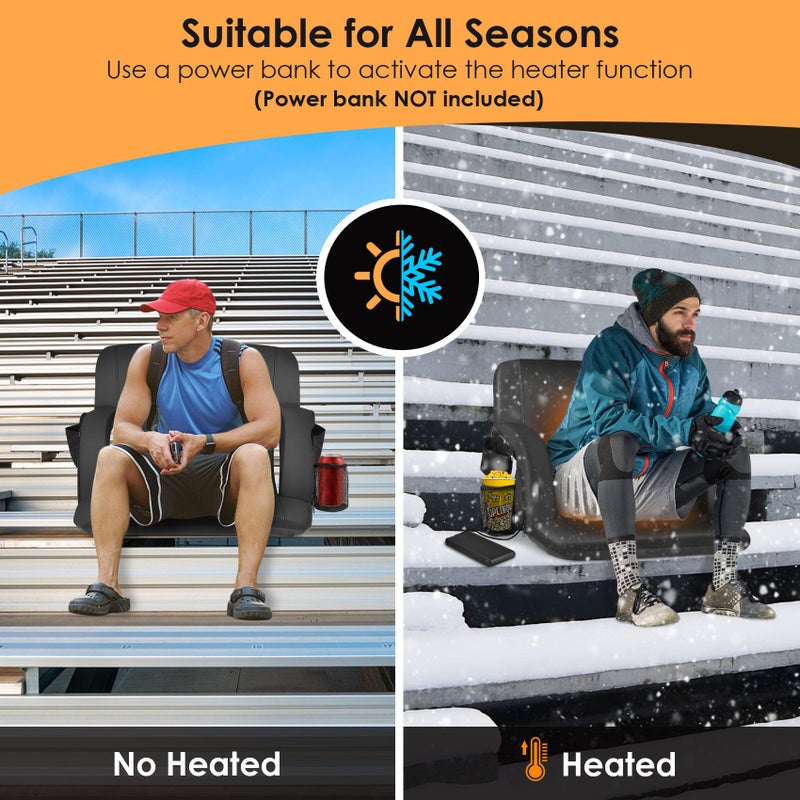 HOPERAN Heated Stadium Seats for Bleachers with Back Support Wide Cushion, Extra Portable Bleacher Seat Foldable Stadium Chair, USB 3 Levels of Heat, Pockets for Outdoor Indoor Sports 25" Black 2pcs - Image 3