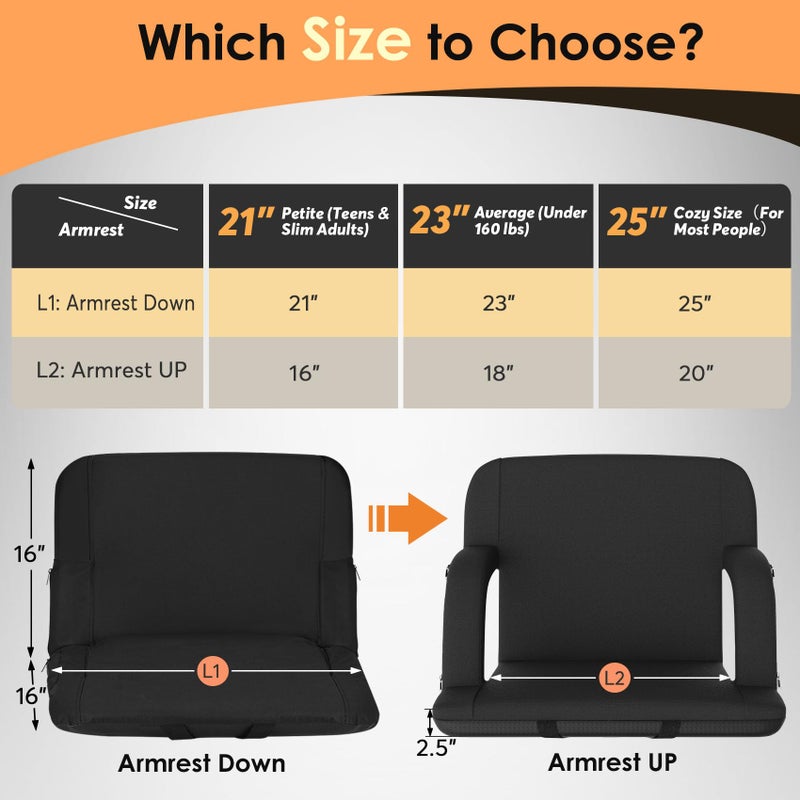 HOPERAN Heated Stadium Seats for Bleachers with Back Support Wide Cushion, Extra Portable Bleacher Seat Foldable Stadium Chair, USB 3 Levels of Heat, Pockets for Outdoor Indoor Sports 25" Black 2pcs - Image 2