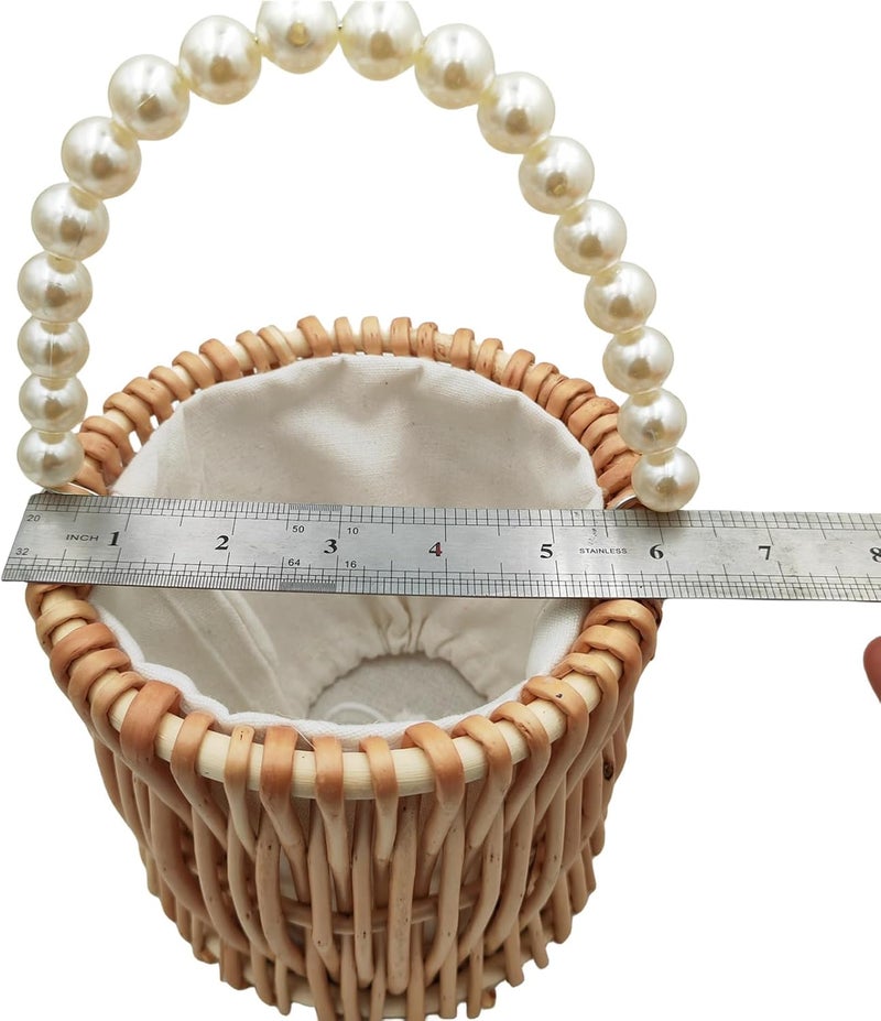 Yuudar Rustic Wicker Rattan Wedding Flower Girl Baskets,Woven Rattan Storage Basket with Pearl Handles,Woven Eggs Candy Basket for Wedding Home Garden Decor (G-2PCS) - Image 3