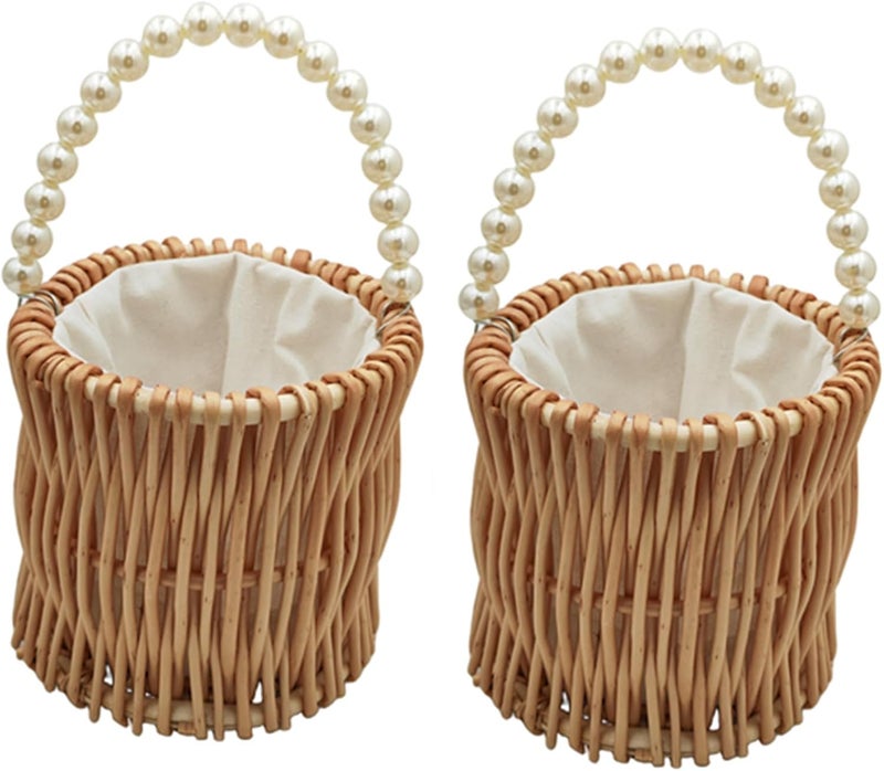 Yuudar Rustic Wicker Rattan Wedding Flower Girl Baskets,Woven Rattan Storage Basket with Pearl Handles,Woven Eggs Candy Basket for Wedding Home Garden Decor (G-2PCS) - Image 1