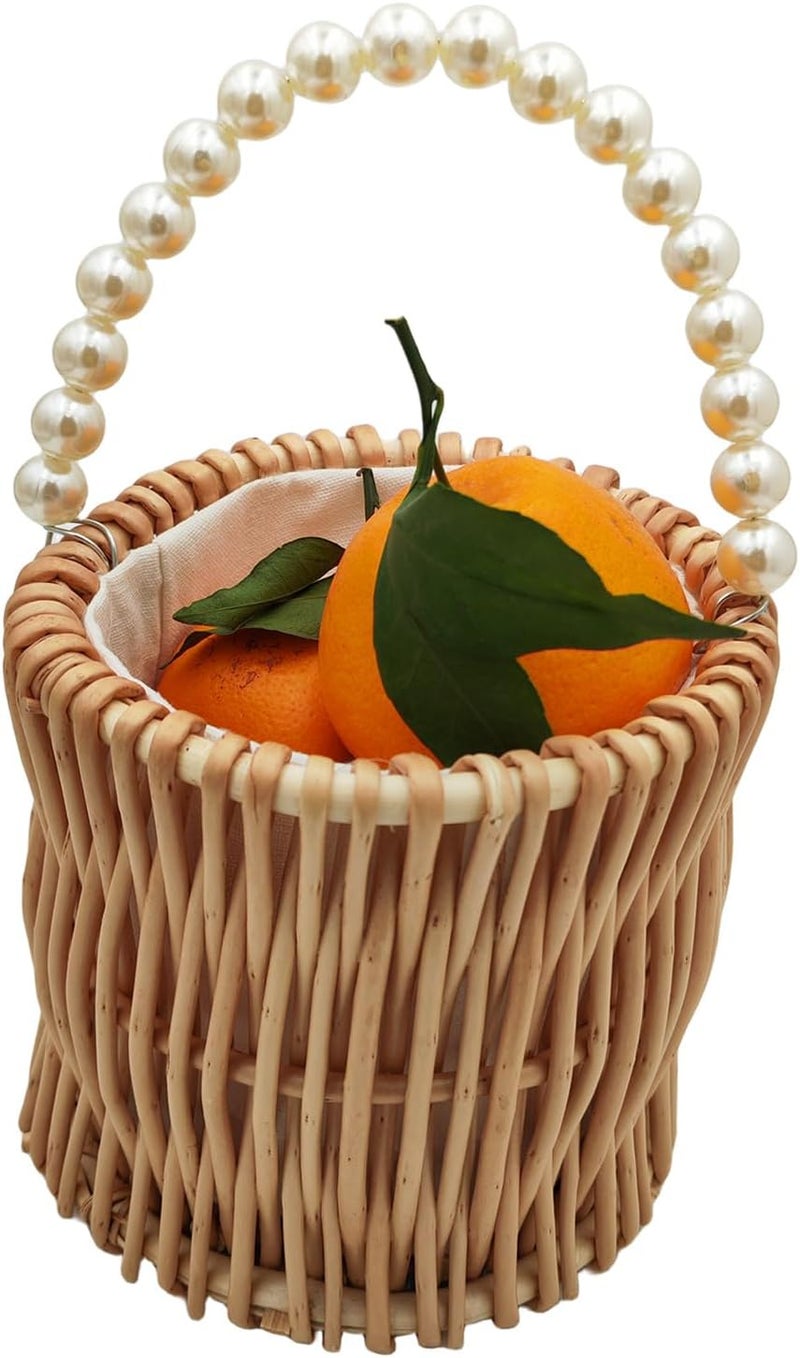 Yuudar Rustic Wicker Rattan Wedding Flower Girl Baskets,Woven Rattan Storage Basket with Pearl Handles,Woven Eggs Candy Basket for Wedding Home Garden Decor (G-2PCS) - Image 2