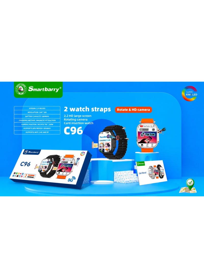 Smartberry C96 2.2 Inch HD Smart Watch with Rotating HD Camera, 5G & WiFi Connectivity, Bluetooth Calling, SIM Card Slot, 660mAh Battery, Dual Watch Straps, Fitness Tracker for Android silver - Image 5