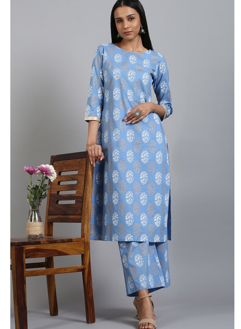 IndHeritage - Premium cotton 2pc kurti / kurta set - light blue colour women's 2pc kurti set with pants - Indian Kurti Set IDH00092 - Image 1