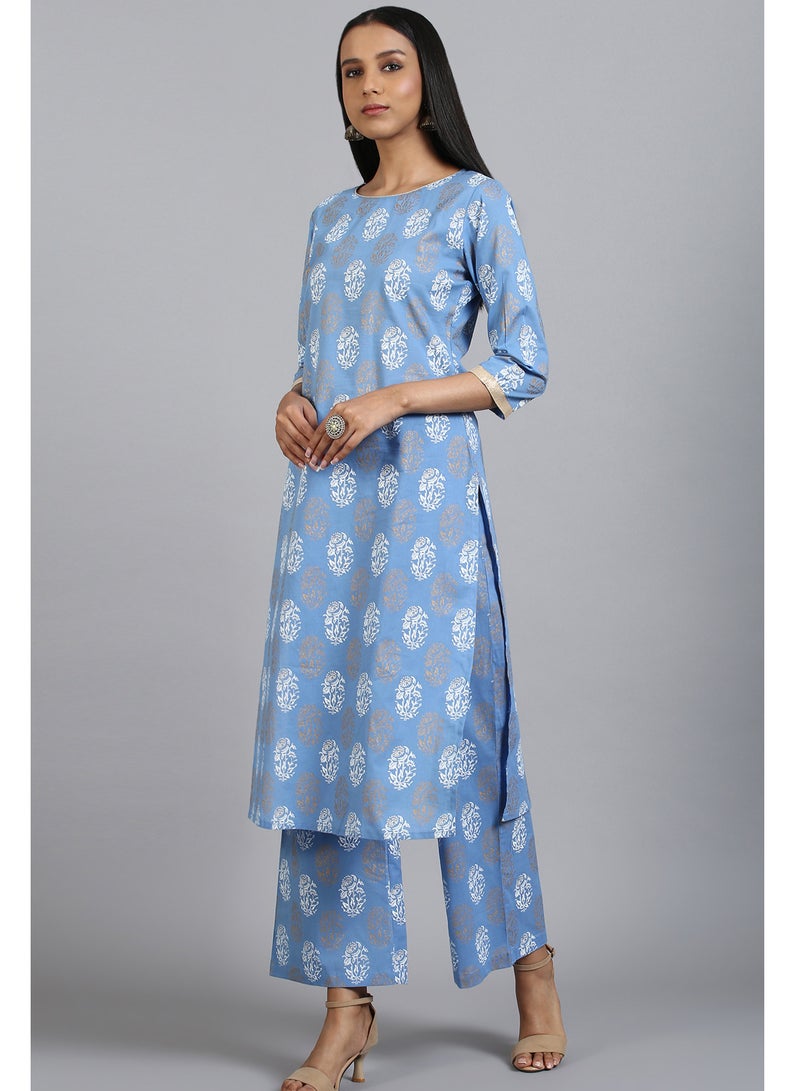 IndHeritage - Premium cotton 2pc kurti / kurta set - light blue colour women's 2pc kurti set with pants - Indian Kurti Set IDH00092 - Image 2
