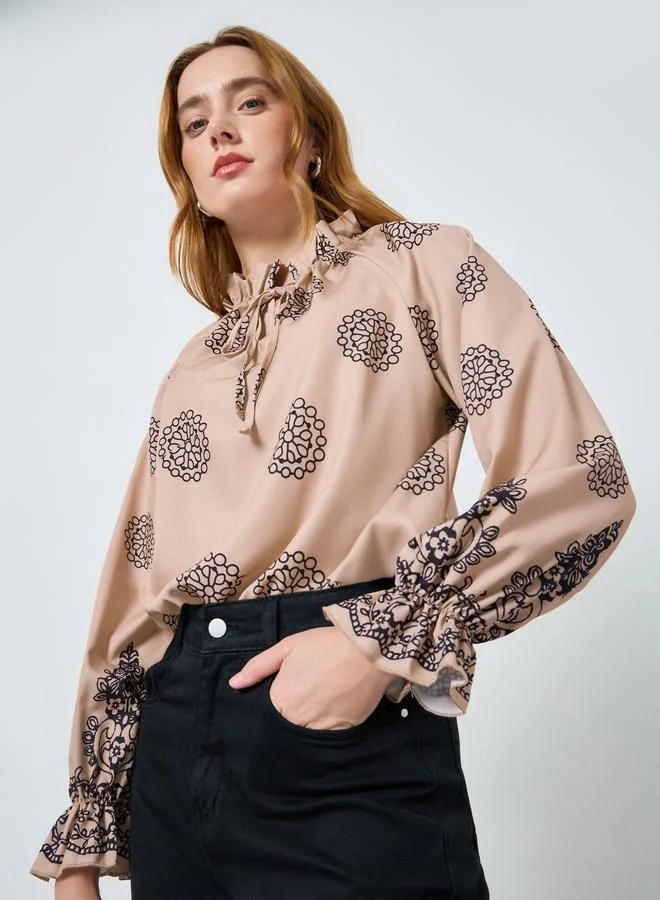 Take Two Women Graphic Printed Tie-Up Neck Top