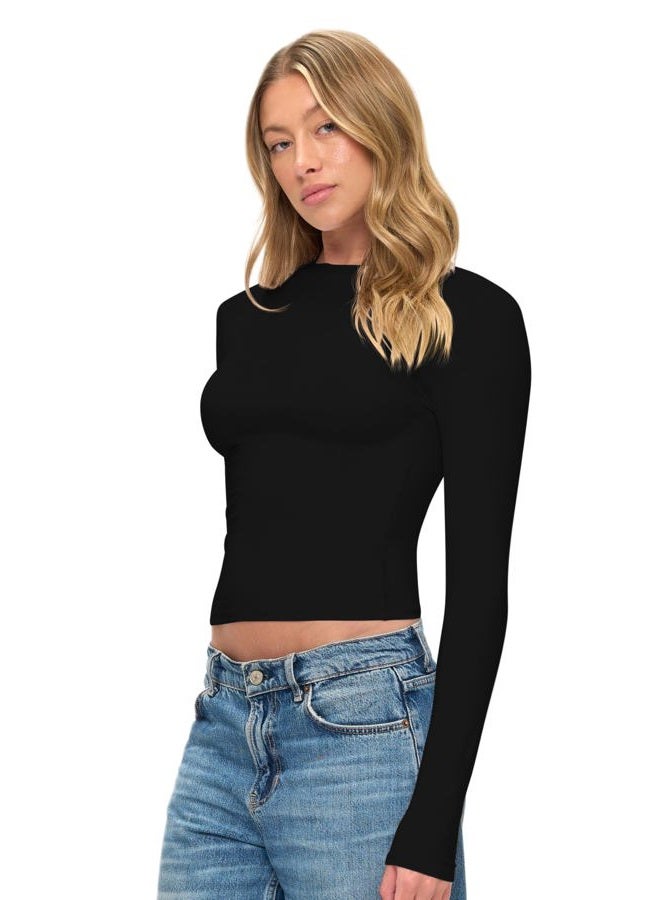 Natural Uniforms Womens Super Soft, Super Stretch Y2K Long Sleeve Baby Tee Crop Top, Black, L - Image 2