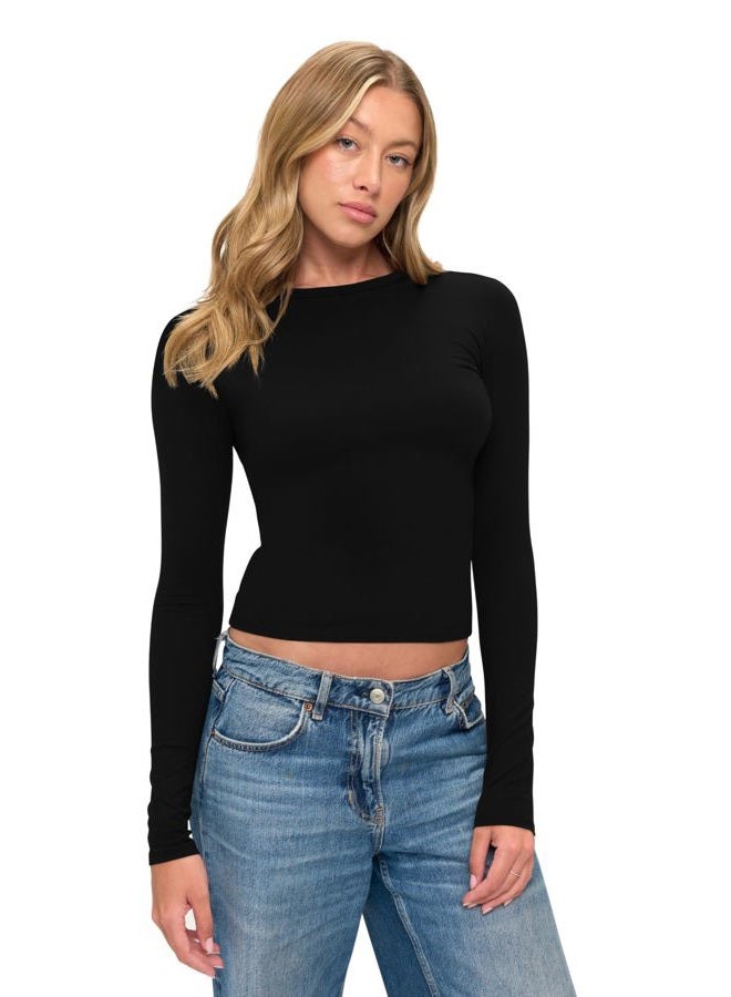 Natural Uniforms Womens Super Soft, Super Stretch Y2K Long Sleeve Baby Tee Crop Top, Black, L - Image 1