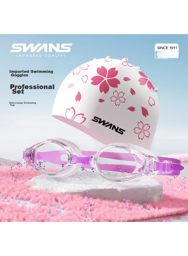 Swans Swimming Goggles, Imported From Japan, Waterproof, Anti-fog, High-definition, Non-prescription Swimming Gl, Women's Swim Cap, Men's Professional Two-piece Set, Cherry Blossom Purple - Image 1