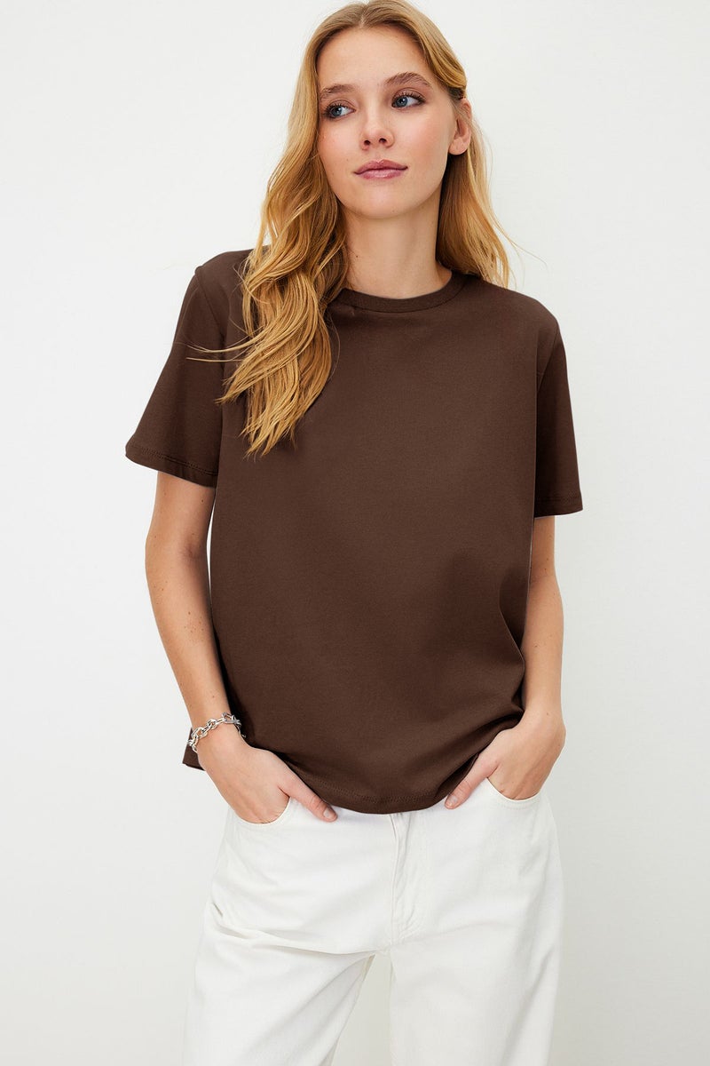 trendyol Brown 100% Cotton Basic Crew Neck Knitted T-Shirt Twoss23Ts00000 - Image 1