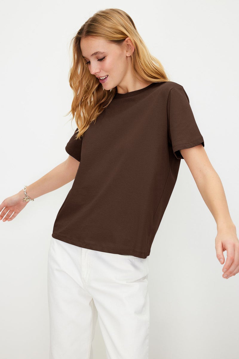 trendyol Brown 100% Cotton Basic Crew Neck Knitted T-Shirt Twoss23Ts00000 - Image 2