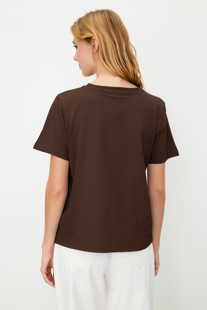 trendyol Brown 100% Cotton Basic Crew Neck Knitted T-Shirt Twoss23Ts00000 - Image 5