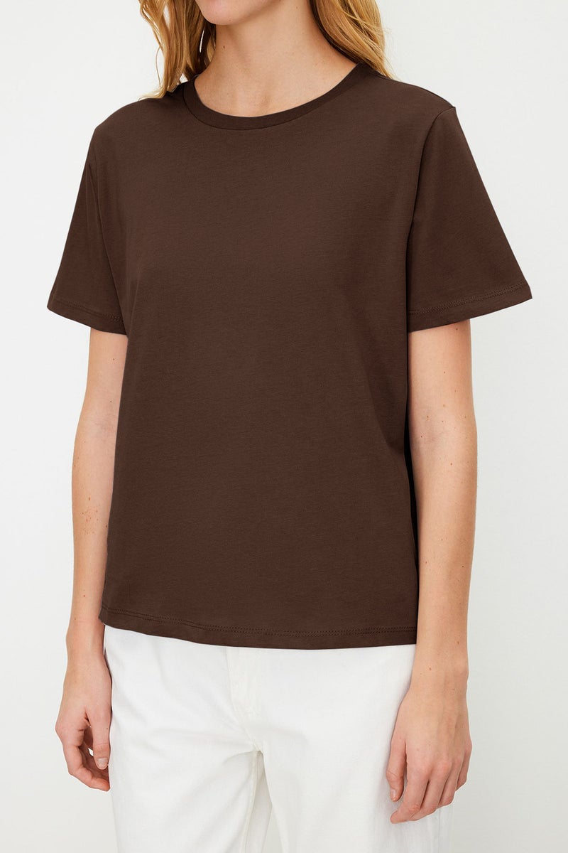 trendyol Brown 100% Cotton Basic Crew Neck Knitted T-Shirt Twoss23Ts00000 - Image 4