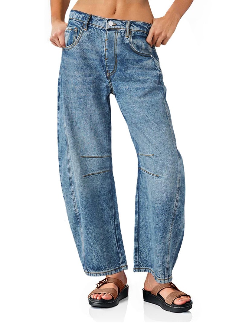 PLNOTME Women's Baggy Boyfriend Jeans Vintage Wide Leg Mid Rise Barrel Denim Ankle Pants - Image 1