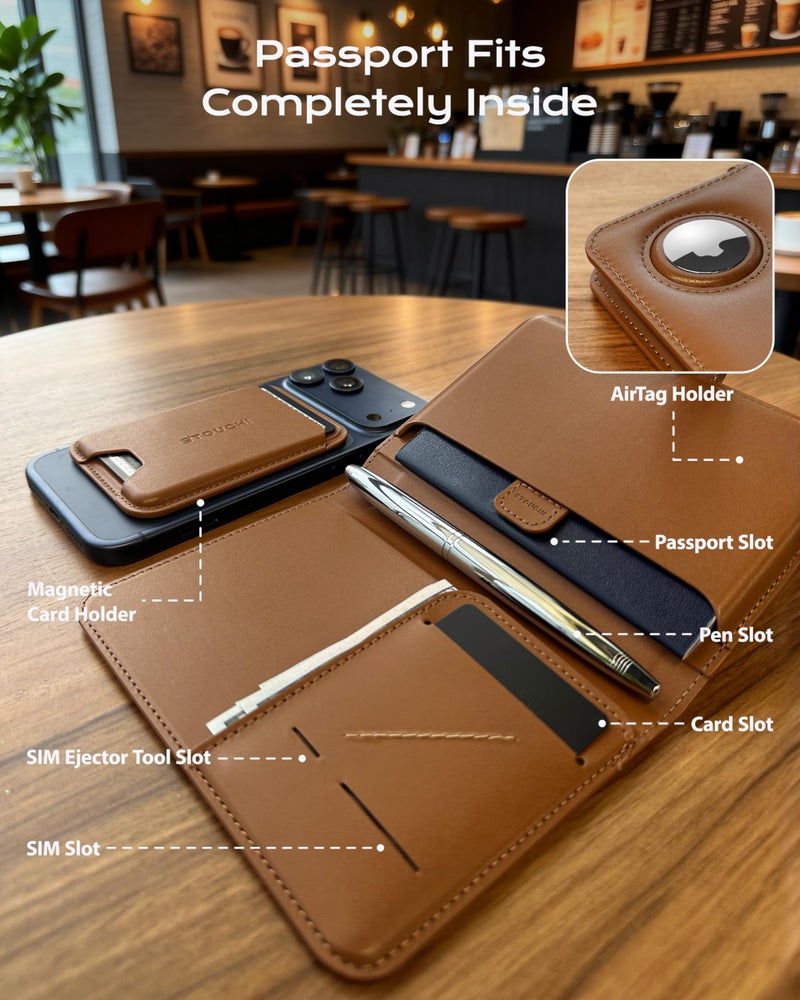Stouchi AirTag Passport Holder with Detachable Magnetic Card Case, Passport Holder for Travel, RFID-blocking, 1-Second Pull Strap & One-Hand Access, Premium Vegan Leather Travel Document Organizer - Image 2
