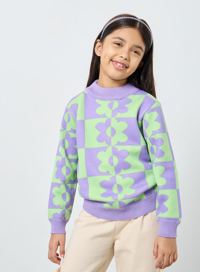 Styli Girls Multi Flower Pattern Knit Sweater - Image 3