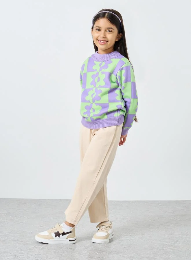 Styli Styli Girls Multi Flower Pattern Knit Sweater