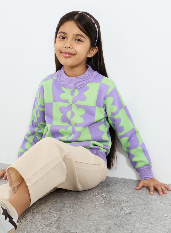 Styli Girls Multi Flower Pattern Knit Sweater - Image 1