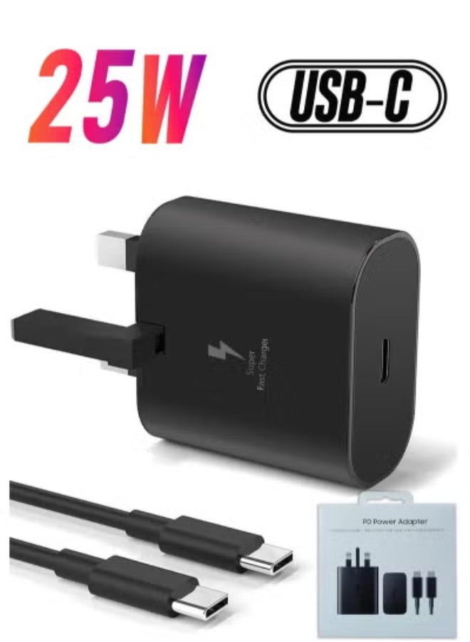 SHAYDX 25W Super Fast Charger for Galaxy S/Note/Z Series – UK Type-C Wall Adapter with 2m USB-C Cable (Certified, Black) - Image 1