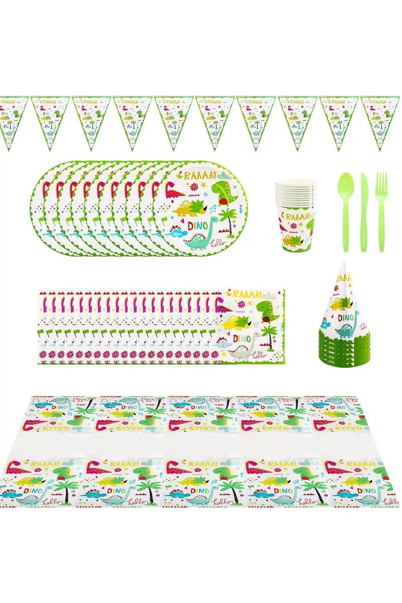 مستلزمات حفلة الديناصورات - مجموعة أدوات مائدة أحادية الاستخدام للزينة، تشمل أطباق وأكواب ومناديل ورقية ولافتات حفلة وقبعات ومفارش طاولة، مناسبة للأطفال والأولاد والبنات والرضع، زينة موضوعية لحفلات الهدايا، 87 قطعة - Image 1