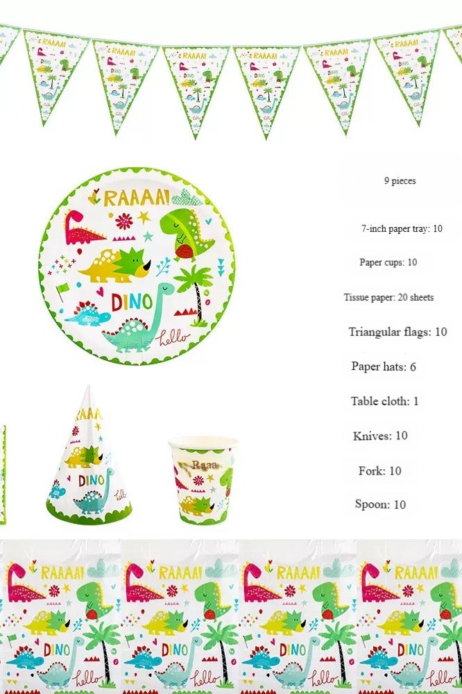 مستلزمات حفلة الديناصورات - مجموعة أدوات مائدة أحادية الاستخدام للزينة، تشمل أطباق وأكواب ومناديل ورقية ولافتات حفلة وقبعات ومفارش طاولة، مناسبة للأطفال والأولاد والبنات والرضع، زينة موضوعية لحفلات الهدايا، 87 قطعة - Image 2