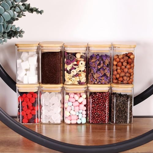 Encheng Glass Jars with wooden lid Glass Jar set food storage containers Borosilicate Glass Jar 270 ml for Sugar, Salt, Coffee, Tea, and Other Dry Food Storage set of 12 (270 ML- SQ-X JAR-) - Image 4