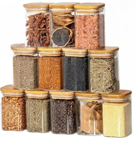 Encheng Glass Jars with wooden lid Glass Jar set food storage containers Borosilicate Glass Jar 270 ml for Sugar, Salt, Coffee, Tea, and Other Dry Food Storage set of 12 (270 ML- SQ-X JAR-) - Image 1