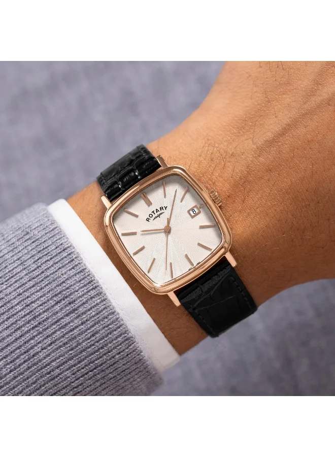 Rotary  Rotary Men's Heritage Astoria Square Rose Gold Plated Stainless Steel Case Black Leather Strap Watch - GS05309/01 for Men | Best Price UAE