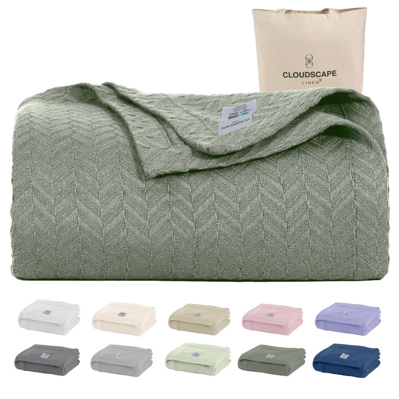 Cloud Scape Linen 100 Cotton Blanket 92x92 Olive Green Cozy Herringbone Weave Fits Up to for Full Size Beds Breathable Softness AllSeason Warmth Winter Blanket for Women