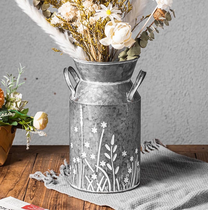Venalys Vintage Galvanized Metal Milk Can, Farmhouse Rustic Flower Pitcher Vase, Decorative Floral Milk Jug Vase for Home DÃ©cor, 10.8â€™â€™H - Image 1