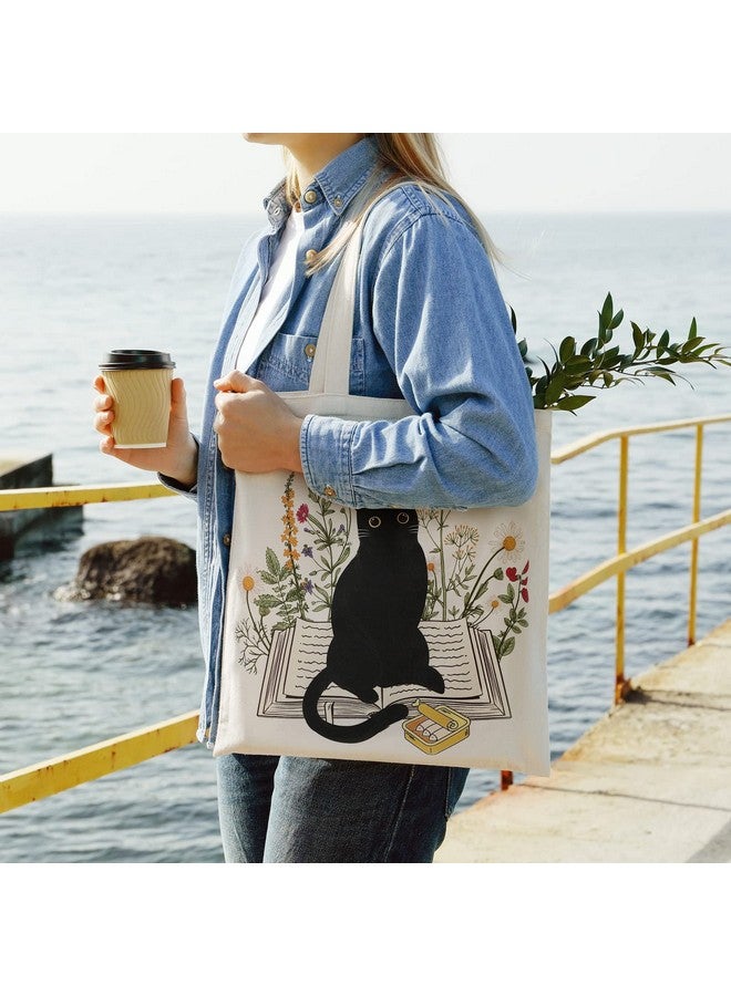 Oudain Oudain 4 Pcs Floral Canvas Tote Bags Cute Tote Bag for Women Floral Book Space Flowers Canvas Bag Bulk Shoulder Bag Gifts(Cat)  - Image 2