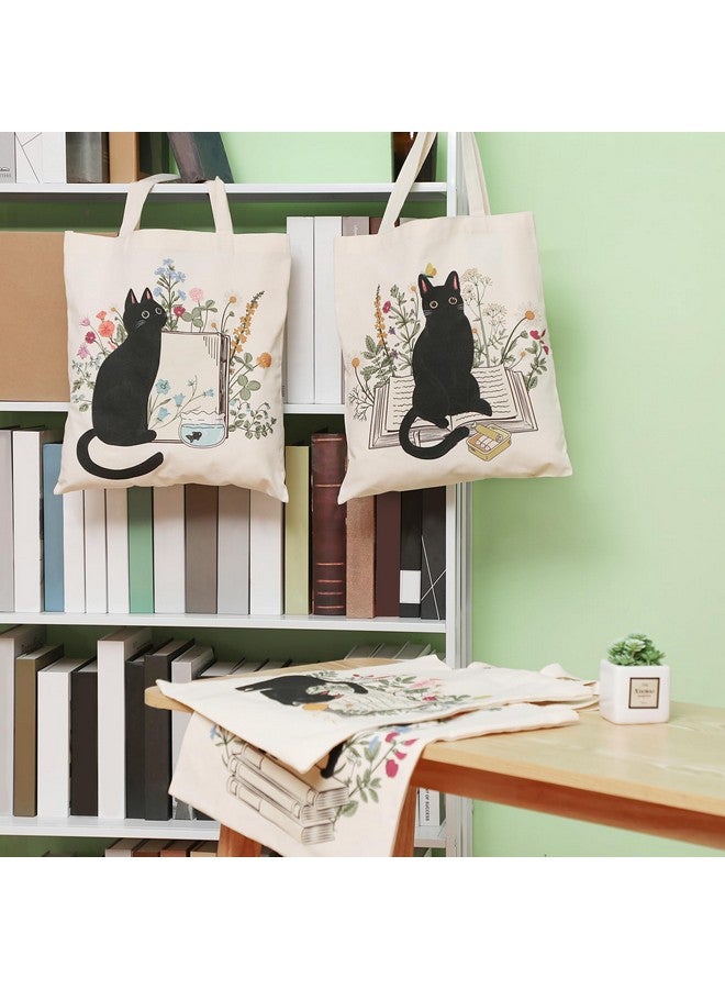 Oudain Oudain 4 Pcs Floral Canvas Tote Bags Cute Tote Bag for Women Floral Book Space Flowers Canvas Bag Bulk Shoulder Bag Gifts(Cat)  - Image 5